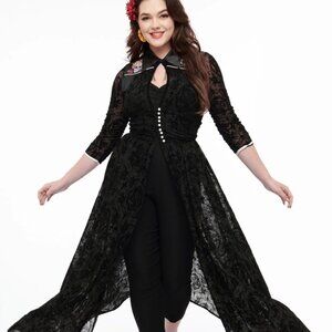 Unique Vintage Plus Size 1950s Black Flocked  Dia De Los Muertos Duster M #50
